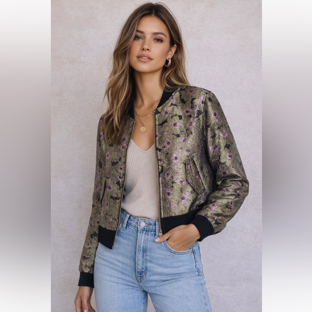 NKN Nekane Metallic Floral Jacquard Bomber Jacket Green Purple NWT Small